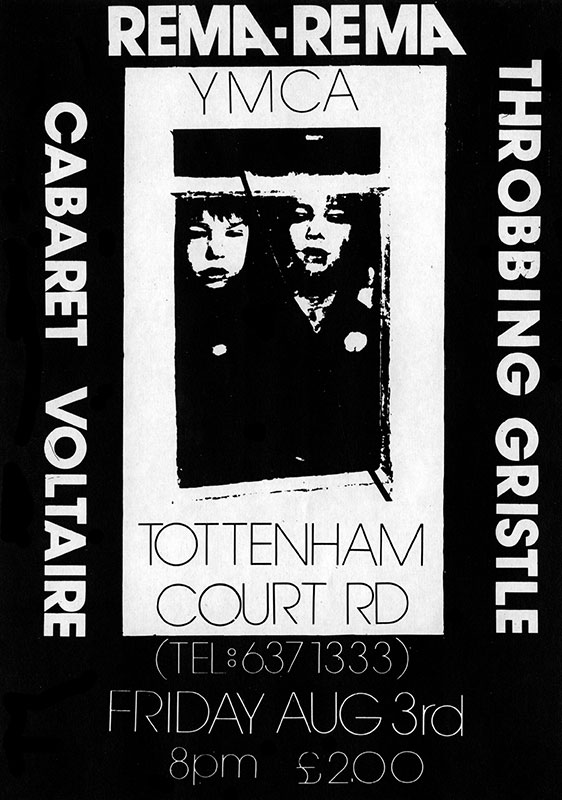 Flyer for Rema Rema, Throbbing Gristle, Cabaret Voltaire at the Tottenham Court Road YMCA, August 3, 1979.