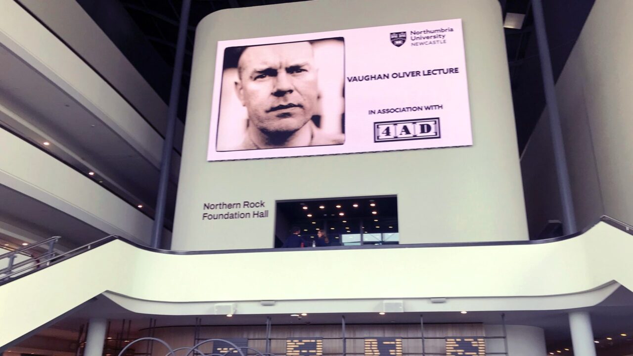 Signage for the Vaughan Oliver Memorial lecture at the Glasshouse (formerly the Sage Gateshead) on September 14, 2023.