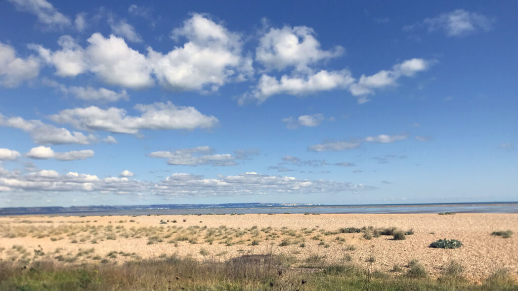 View of the stunning Dungeness shingle facing the white cliffs of Dover.